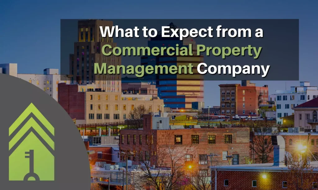 Downtown skyline with overlay text: What to Expect from a Commercial Property Management Company