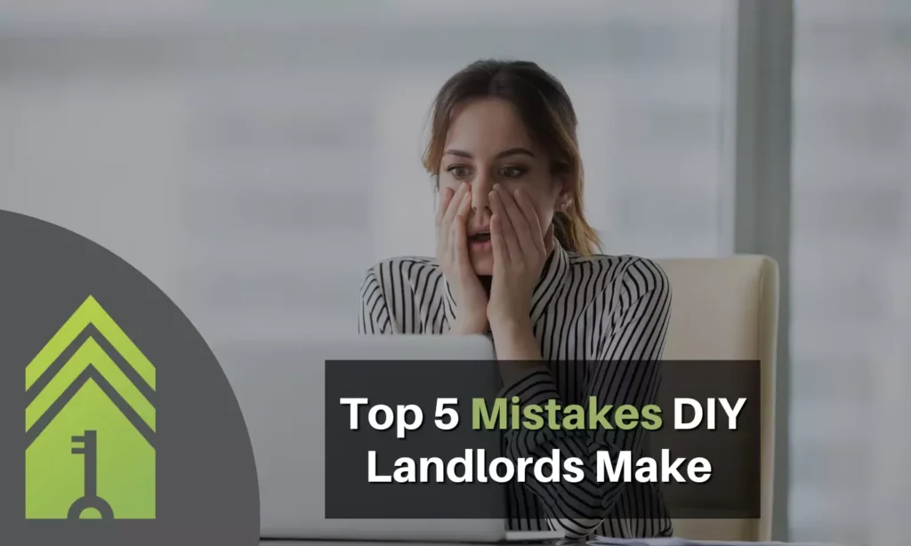 Worried woman looking at laptop with overlay text: Top 5 Mistakes DIY Landlords Make