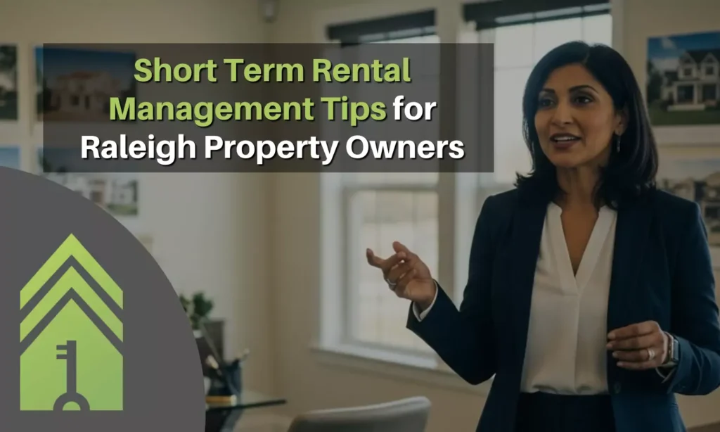 Professional property manager speaking in a modern office with text overlay: 'Short Term Rental Management Tips for Raleigh Property Owners'